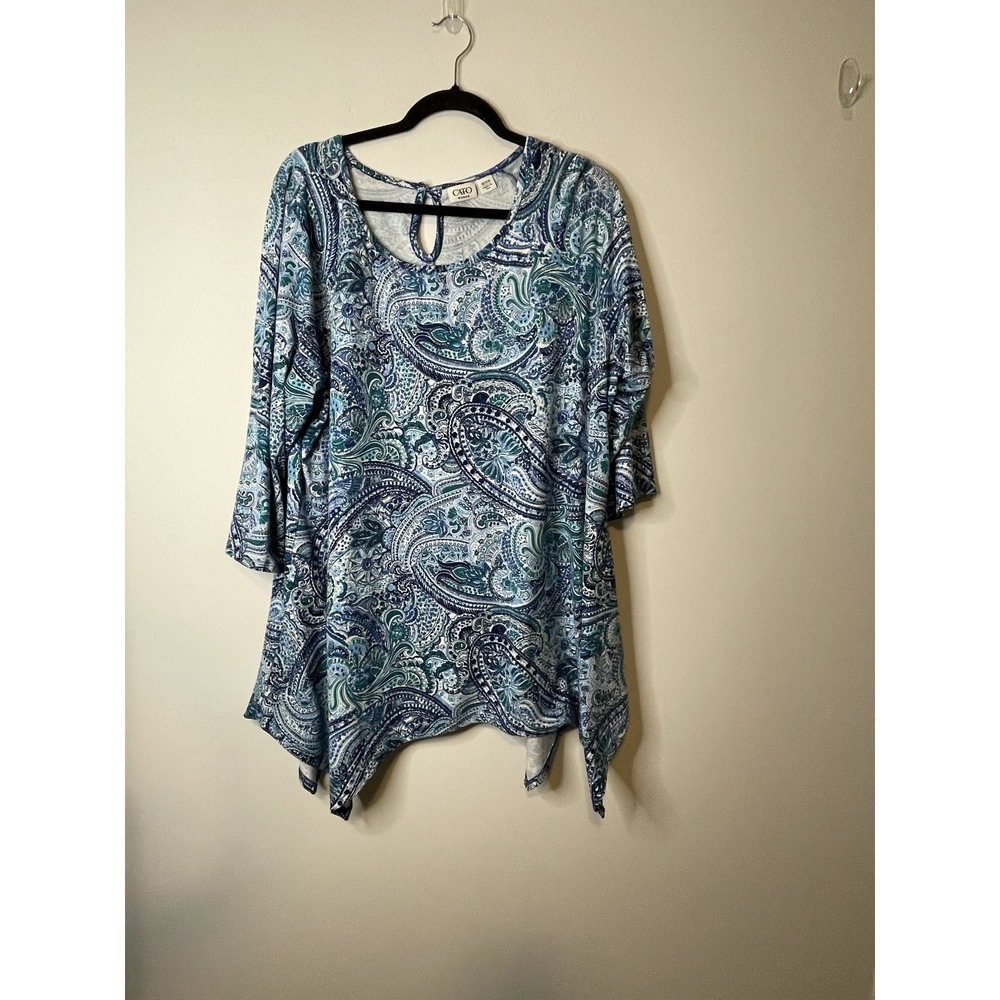 Cato Woman Blouse Women's 18/20W Blue Green Paisley Tunic 3/4 Sleeve Stretch